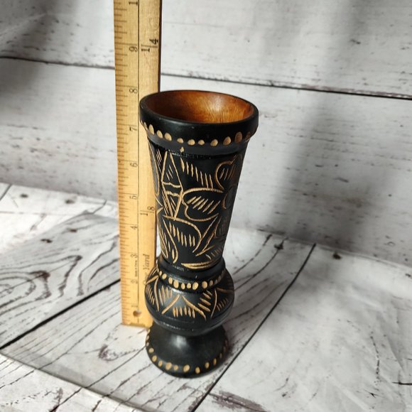 Handcarved Base Glazed Wooden Footed Featuring Beautiful Flower 8” - Picture 6 of 6